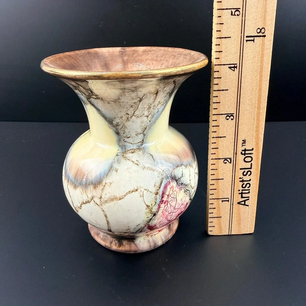 West German Art Pottery Marble Glaze Vase Gold Trim 5